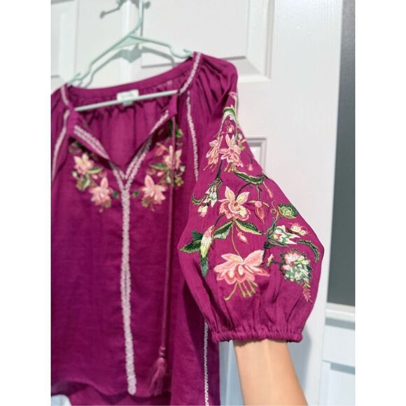 Sundance Blouse Shayda Embroidered Peasant Tassel Ties Berry Tunic Top Women's - Picture 9 of 15